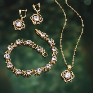 Stauer Two Hearts Necklace, Bracelet and Earrings Set Gold Tone EUC